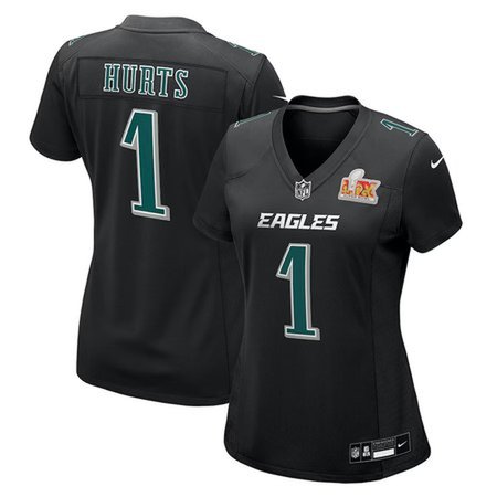 Women's Philadelphia Eagles #1 Jalen Hurts Carbon Black Super Bowl LIX Fashion Game Player Jersey